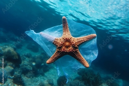 Marine Plastic Pollution Starfish Trapped in Waste, Generative AI © Haider