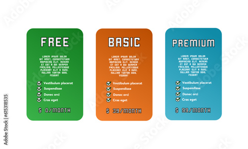 Template Design price list. Landing page website product package price box and button buy now. Vector