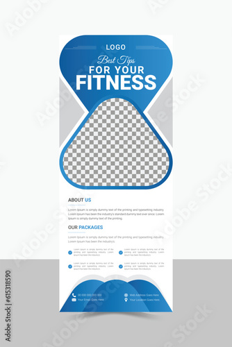 Modern Advertising Fitness, Gym, Workout, Sports, Body Building Rollup Banner Design Template.