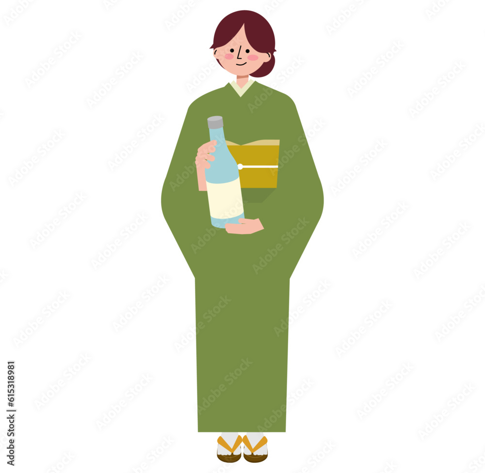 日本酒の一升瓶を持つ女将のイラスト 日本酒の一升瓶を持つ女将のイラスト