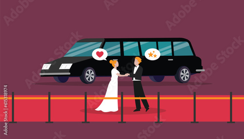 Bride and groom in limousine on wedding ceremony 2d vector illustration concept for banner, website, illustration, landing page, flyer, etc.
