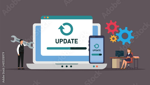 IT specialists updating software, programs and applications 2d vector illustration concept for banner, website, illustration, landing page, flyer, etc.