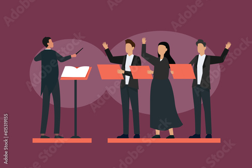 Young Men and Women with Singing Books Perform Musical Composition on Scene with Conductor 2d vector illustration concept for banner, website, illustration, landing page, flyer, etc.
