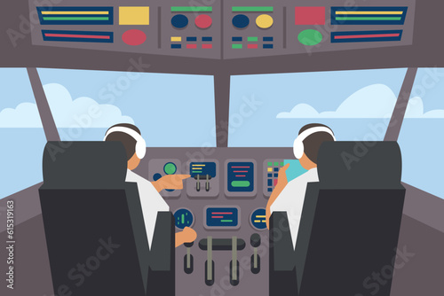 Pilots sitting front of dashboard aircraft inside 2d vector illustration concept for banner, website, illustration, landing page, flyer, etc.