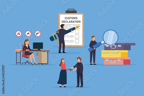 Customs Officer Characters Filling Customs Declaration and Check Passenger 2d vector illustration concept for banner, website, illustration, landing page, flyer, etc.