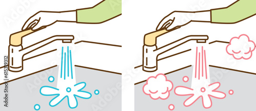 キッチンの蛇口から出る水とお湯のセットイラスト