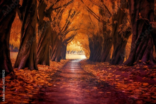 Fantasy dramatic autumn tree path  leaves falling  breathtaking  amazing  stunning landscape Generative AI 