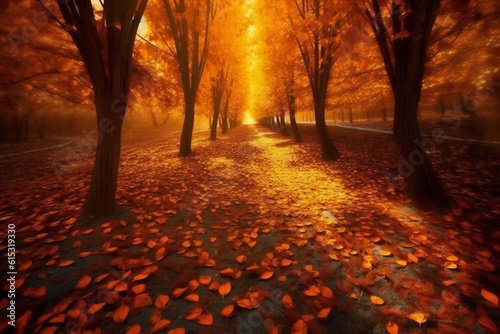 Fantasy dramatic autumn tree path, leaves falling, breathtaking, amazing, stunning landscape Generative AI
