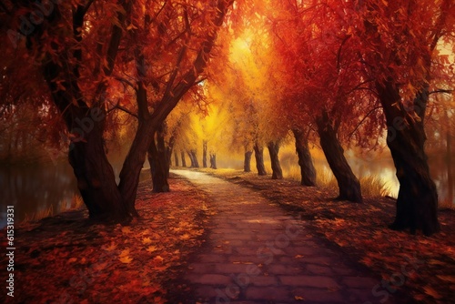 Fantasy dramatic autumn tree path, leaves falling, breathtaking, amazing, stunning landscape Generative AI 