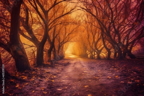 Fantasy dramatic autumn tree path  leaves falling  breathtaking  amazing  stunning landscape Generative AI 