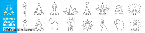 Wellness, relaxation, health, exercise, yoga, spa, diet, wellbeing, icon set collection.