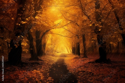 Fantasy dramatic autumn tree path, leaves falling, breathtaking, amazing, stunning landscape Generative AI  © LayerAce.com