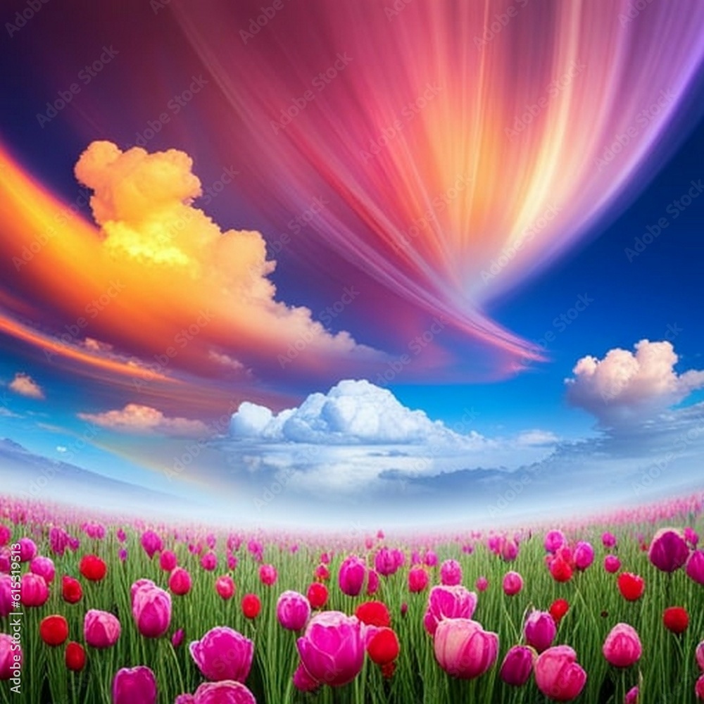 field with flowers, blue sky with light clouds and colorful mystical glow, ai generated