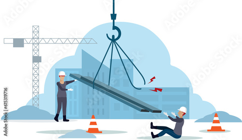 Accident at construction site. Steel plate falling on workers when using crane moving. Accident awareness and unsafe workplace in construction industry concept