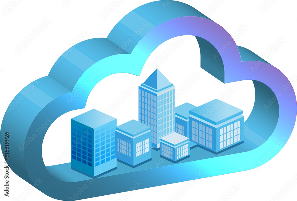Cloud computing technology with city buildings. Data storage service with wireless network connecting. 3D PNG.