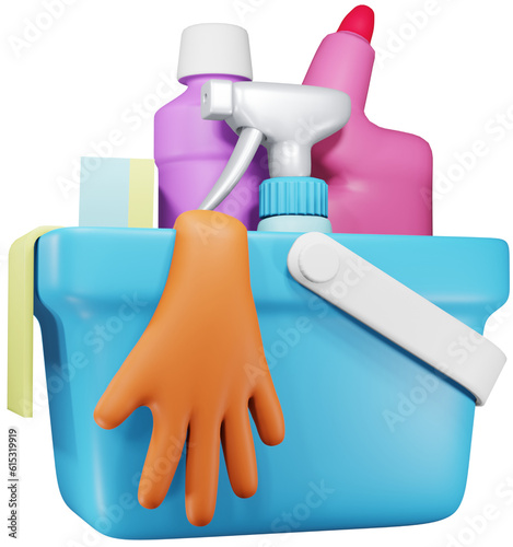 Cleaning products in bucket. Sanitary chemical products for home cleaning, floor, kitchen and toilet. Cleaning house and domestic households chore concept. 3D PNG