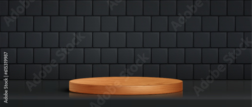 3d podium for product display on background of kitchen wall. Empty circle wooden platform on table and black tile. Modern template with wood base in bathroom, vector realistic illustration