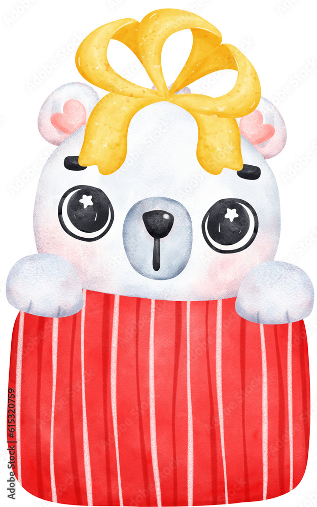Fototapeta premium Christmas Surprise, joyful Adorable Polar Bear with Stacked Presents, winter animal watercolour Children Illustration