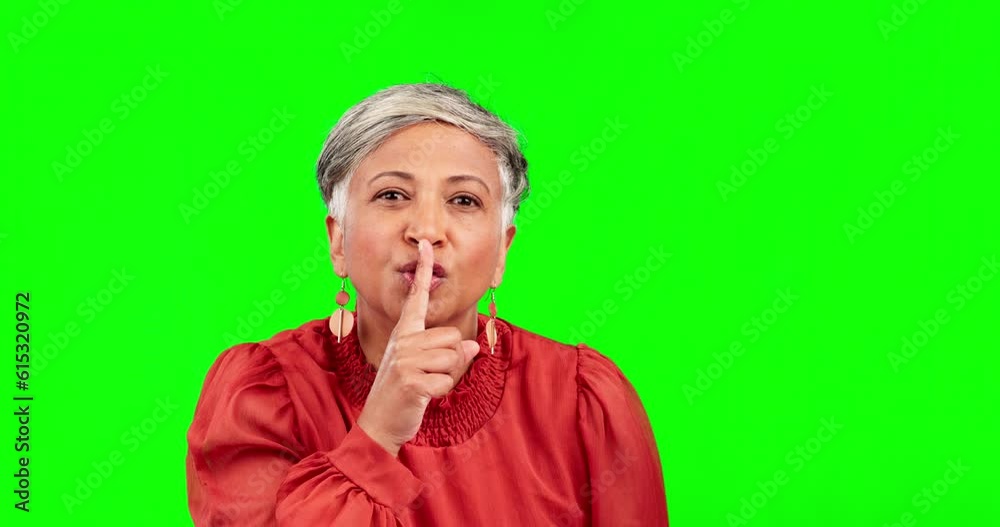 Hush, green screen and mature woman in studio with quiet or silence face expression. Gossip, portrait and mature female model with finger on lips for secret gesture isolated by chroma key background. Hush, green screen and mature woman in studio with quiet or silence face expression. Gossip, portrait and mature female model with finger on lips for secret gesture isolated by chroma key background.