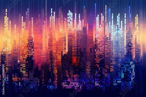 Abstract colorful pixel buildings background in night city.Generative ai