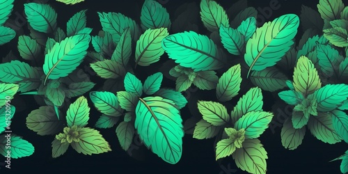 Aromatic Mint Herbs On Dark Background, Horizontal Trendy Illustration. Healthy Vegetarian Diet. Ai Generated Bright Trendy Illustration with Delicious Aromatic Mint Herbs.