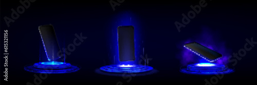 3d mobile phone mockup on podium. Futuristic background with tech stand with neon light and hologram of smartphone. Platforms with blue rays and devices, vector realistic set