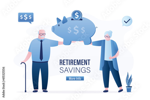 Smart grandparents holds piggy bank with money. Retirement savings. Pension fund, bank deposit. Passive income secure. Aged people with money for decent old age. Financial literacy,