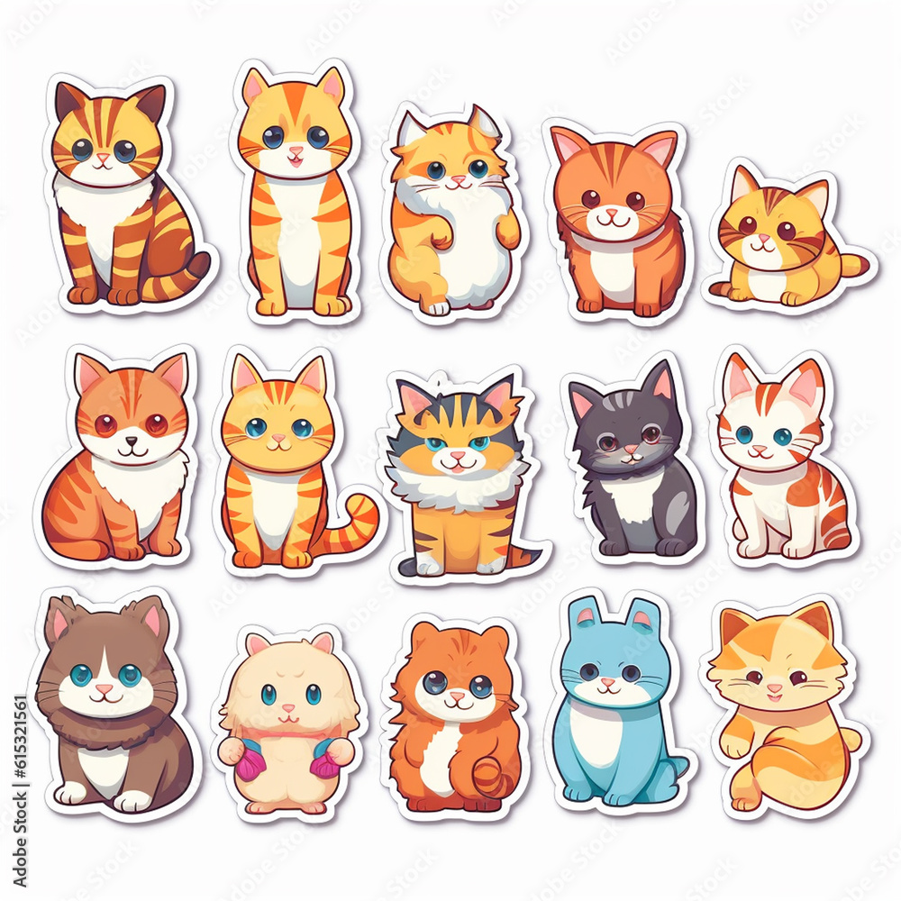Generative AI Set of stickers with cute cats on white background. Vector illustration. Generative AI Set of stickers with cute cats on white background. Vector illustration.