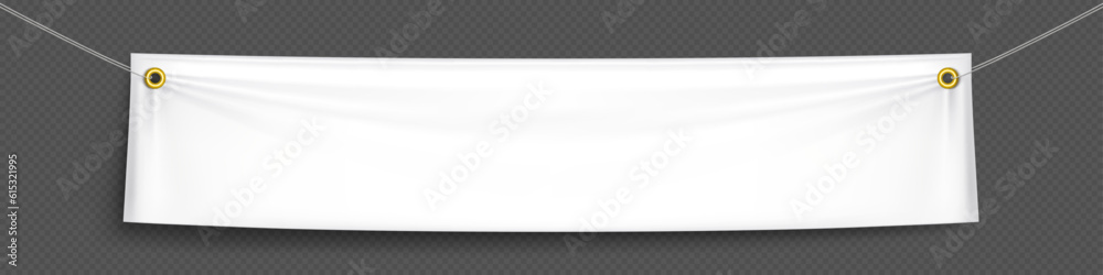 White realistic hang blank fabric horizontal canvas banner sign vector on rope for advertising. 3d empty textile material poster mockup set isolated on transparent background. Hanging cloth signboard