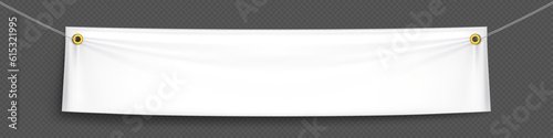 White realistic hang blank fabric horizontal canvas banner sign vector on rope for advertising. 3d empty textile material poster mockup set isolated on transparent background. Hanging cloth signboard