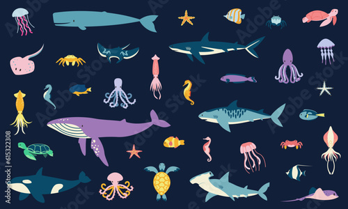 Big set with underwater inhabitants. Marine animals in flat style.