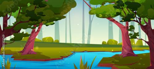 River flowing in summer forest. Vector cartoon illustration of sunny spring weather, green landscape with trees, blue stream or brook in valley with sun shine, beautiful nature scene