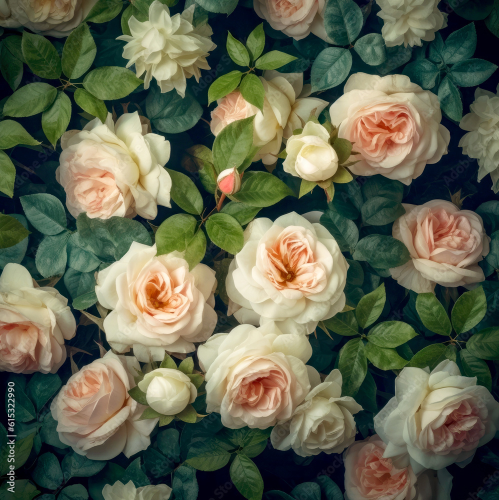 Background of rose buds with green leaves