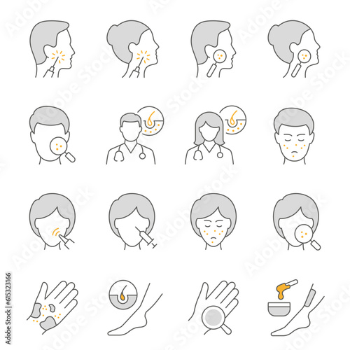 Icons for dermatological conditions such as acne, eczema, psoriasis, rosacea and more. Editable stroke.
