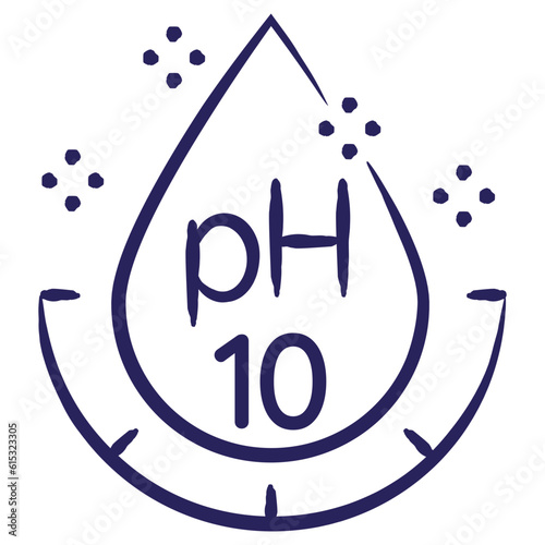 Minimal vector icon of the acidity pH10, isolated on transparent background. Blue outline sketch pictogram of measuring unit of water quality, hand-drawn with a brush photo