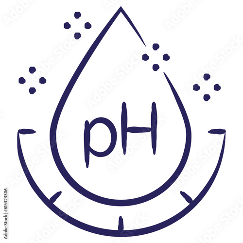 Minimal vector icon of the acidity pH, isolated on transparent background. Blue outline sketch pictogram of measuring unit of water quality, hand-drawn with a brush