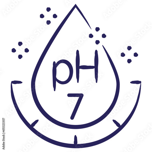 Minimal vector icon of the acidity pH7, isolated on transparent background. Blue outline sketch pictogram of measuring unit of water quality, hand-drawn with a brush
