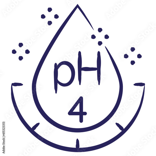 
Minimal vector icon of the acidity pH4, isolated on transparent background. Blue outline sketch pictogram of measuring unit of water quality, hand-drawn with a brush