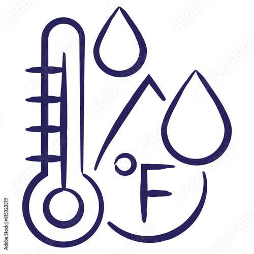 Minimal vector icon of the fluid temperature in degrees Fahrenheit, isolated on transparent background. Blue outline sketch pictogram of measuring unit of water quality, hand-drawn with a brush