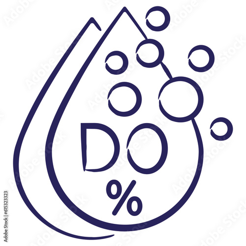 Minimal vector icon of the Dissolved oxygen DO, calibration percent, isolated on transparent background. Blue outline sketch pictogram of measuring unit of water quality, hand-drawn with a brush
