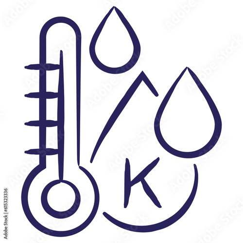 Minimal vector icon of the fluid temperature in degrees Kelvin, isolated on transparent background. Blue outline sketch pictogram of measuring unit of water quality, hand-drawn with a brush