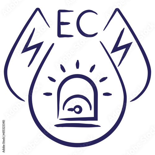 Minimal vector icon of the signaling of low electrical conductivity of the liquid, isolated on transparent. Blue outline sketch pictogram of measuring unit of water quality, hand-drawn with a brush