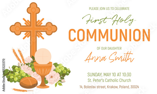 Symbols of the first communion. Vector. Golden bowl for wine, crucifix, bread, wine, grapes, white roses. An invitation to celebrate the Eucharist. Festively decorated altar.