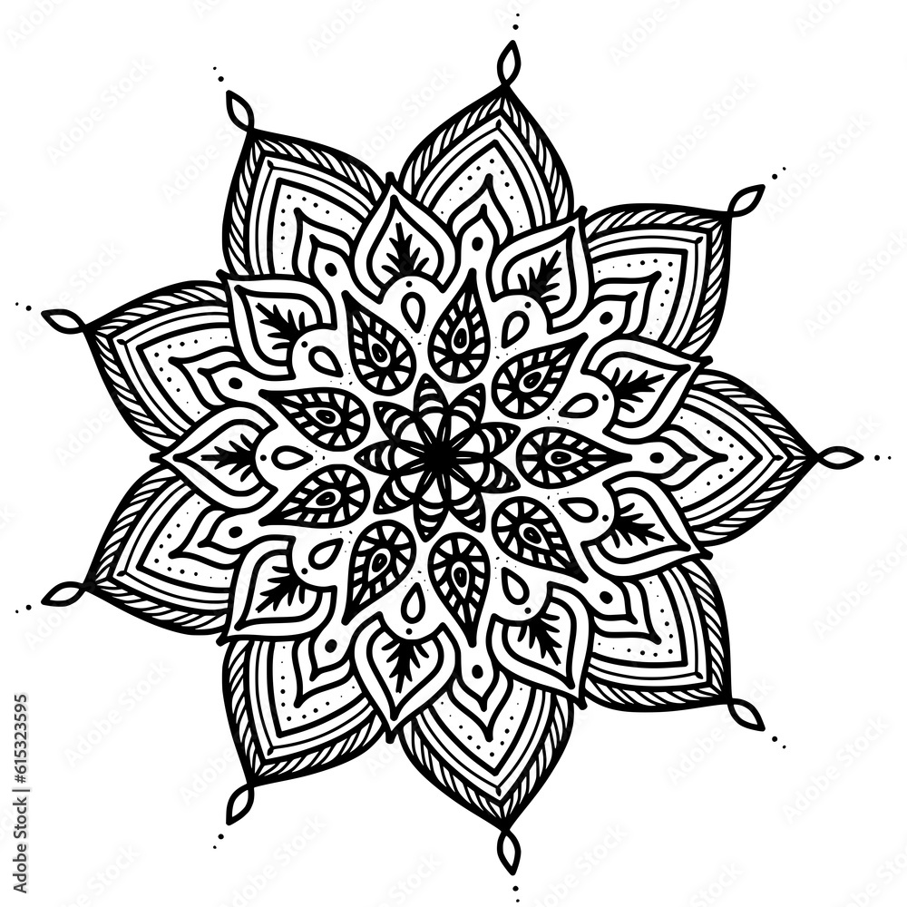 Monochrome ethnic mandala design. Anti-stress coloring page for adults. Hand drawn black and white vector illustration