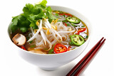 soup noodle asian bowl white broth vietnamese background traditional dish food. Generative AI.