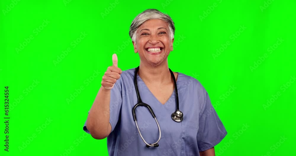Thumbs up, doctor woman and green screen for healthcare success, yes