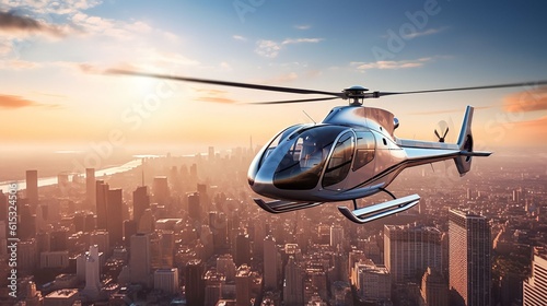 luxury private helicopter flying against a metropolitan city or beautiful natural landscape. Show the jetset lifestyle and the comfort of the private transportation