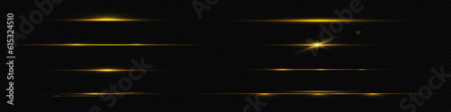 Gold line light glow with sparkle and flare shine. Horizontal golden neon streak effect isolated on transparent background. Magic flash laser strip divider with glitter shimmer design illustration