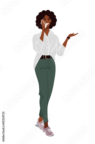 A black woman is talking on the phone, a modern business woman with a smartphone in her hand. Flat cartoon vector illustration isolated on white background.