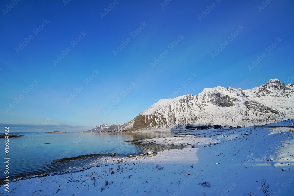 Beautiful beach in winter season at Lofoten, Norway, Europe. 